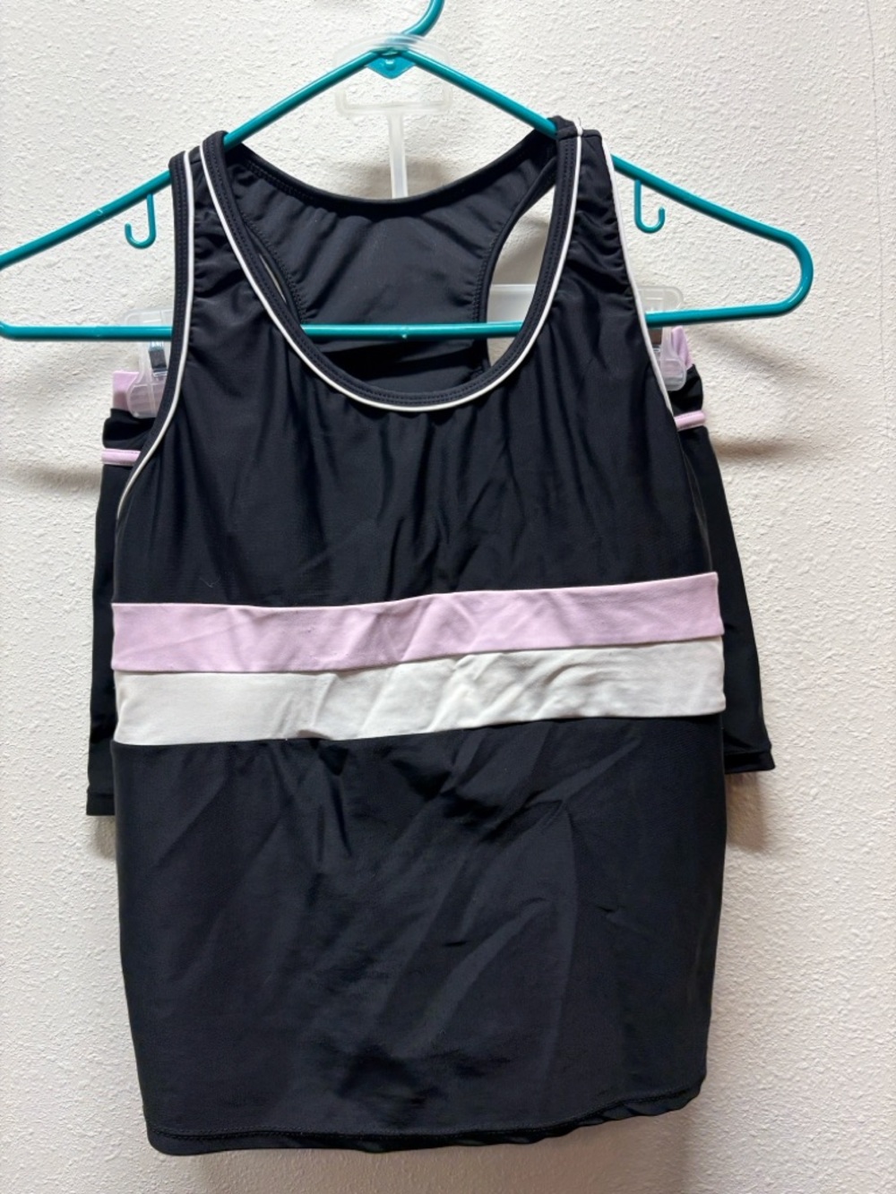 Girls Two Piece Black Swimsuit with Lilac and White Bands